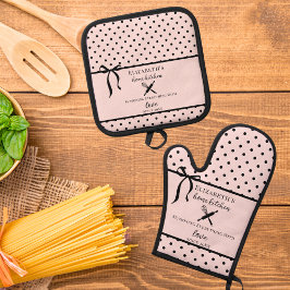 Schattig Chic Meisjesachtig Roze en Zwarte Stippen Ovenwant & Pannenlap Set