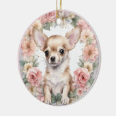 Schattig Chihuahua Puppy Roze Bloemen Kerstmis Keramisch Ornament (Links)