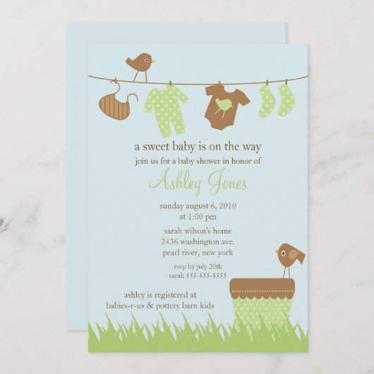 Schattig Clothesline Geslacht Neutraal Baby shower Kaart (Voorkant / Achterkant)