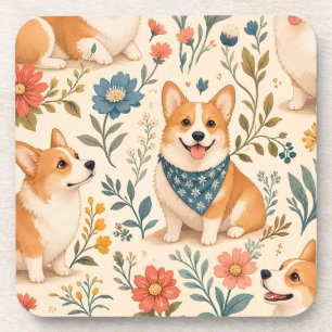 Schattig Corgi Bloem Tuin Patroon Bier Onderzetter