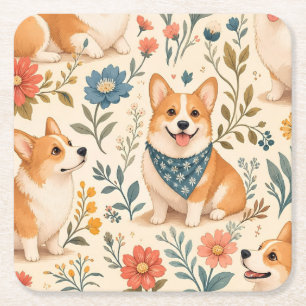 Schattig Corgi Bloem Tuin Patroon Kartonnen Onderzetters