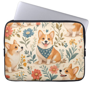 Schattig Corgi Bloem Tuin Patroon Laptop Sleeve