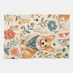 Schattig Corgi Bloemige Tuin Patroon Theedoek
