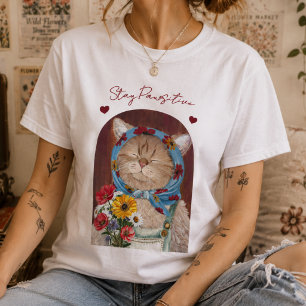 Schattig Cottagecore Kat met Bloemen Blijf Positie T-shirt
