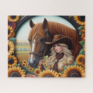Schattig Cowgirl Paard Zonnebloem Legpuzzel