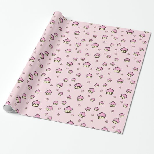 Schattig cupcake patroon Roze Glanzende Wrapping P Cadeaupapier (Uitgerold)