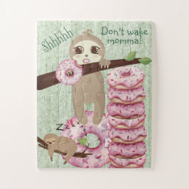 Schattig curieus Donut Eating Sloth Momma Slapen Legpuzzel