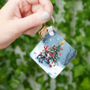 Schattig Cyberpunk Rendier met Kerstboom Sleutelhanger