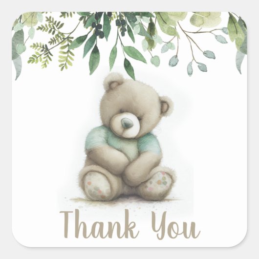 Schattig dank u Waterverf Teddy Bear Groene blader Vierkante Sticker (Voorkant)