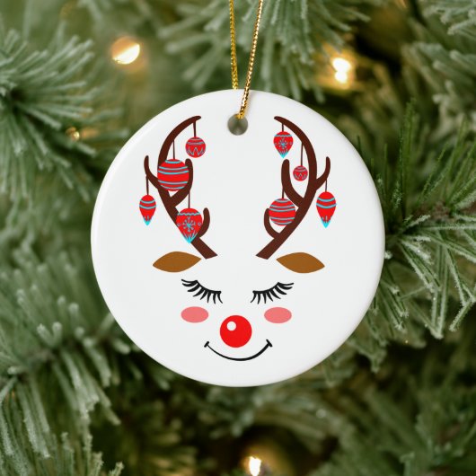 Schattig Der Face met siervoorwerpen op Antlers Keramisch Ornament (Boom)