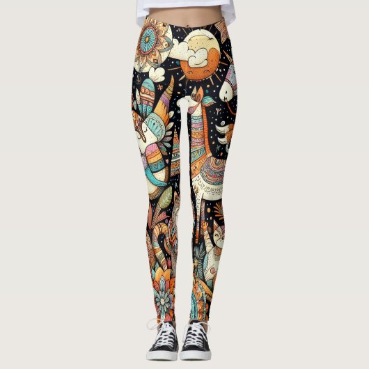 schattig dier en bloemen multielemental doodle leggings (Voorkant)