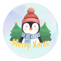 Schattig dier Pinguïn Blauw Aquarel Prettig Kerstm