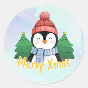 Schattig dier Pinguïn Blauw Aquarel Prettig Kerstm Ronde Sticker