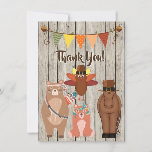 Schattig Dieren, Pelgrims Indianen Thanksgiving Pl Bedankkaart (Voorkant)