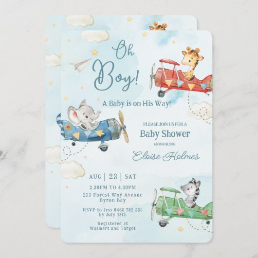 Schattig Dieren Vliegtuig Avontuur Oh Boy Baby sho Kaart (Voorkant / Achterkant)