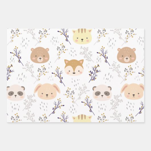 Schattig dierenhoofd en bloemmotief inpakpapier vel (Voorkant 3)