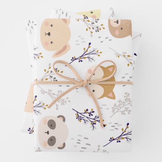 Schattig dierenhoofd en bloemmotief inpakpapier vel (In situ)