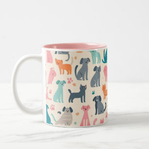 Schattig Dierlijk Design Naadloos Hond & Kattenpat Tweekleurige Koffiemok