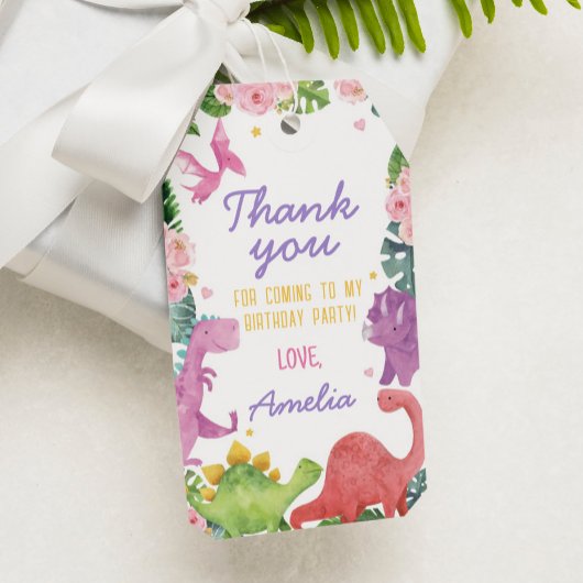 Schattig Dinosaurus Meisje Verjaardagsfeestje Dank Cadeaulabel