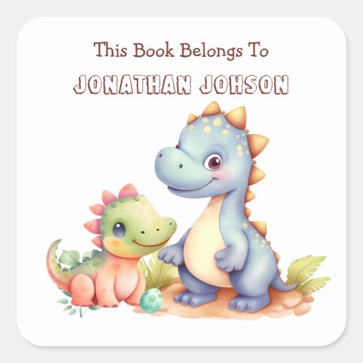 Schattig Dinosaurus Whimsisch Kinderen Boekplaat Vierkante Sticker (Voorkant)
