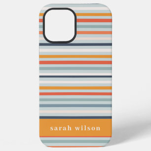Schattig donkeroranje blauw oker gestreept patroon iPhone 12 pro max hoesje