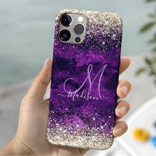 Schattig donkerpaars gouden nepschitterend monogra Case-Mate iPhone 14 hoesje