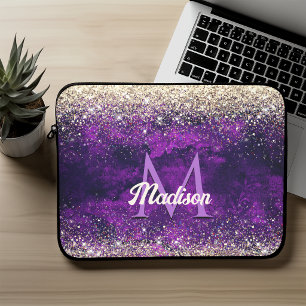 Schattig donkerpaars gouden nepschitterend monogra laptop sleeve