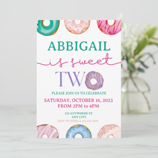 Schattig Donut Party Sweet twee 2e verjaardag Kaart (Staand voorkant)