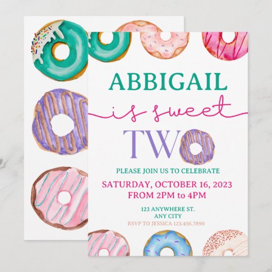 Schattig Donut Party Sweet twee 2e verjaardag Kaart (Voorkant / Achterkant)