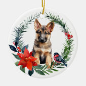 Schattig Duits Herder Pup Waterverf Poinsettia Keramisch Ornament (Voorkant)