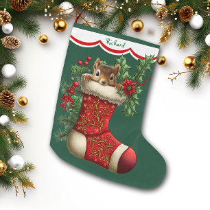 Schattig eekhoorntje gluurt grote kerstsok