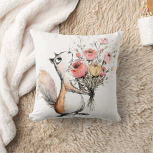 Schattig Eekhoorntje met Bloemenboeket Kussen
