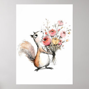 Schattig Eekhoorntje met Bloemenboeket Poster