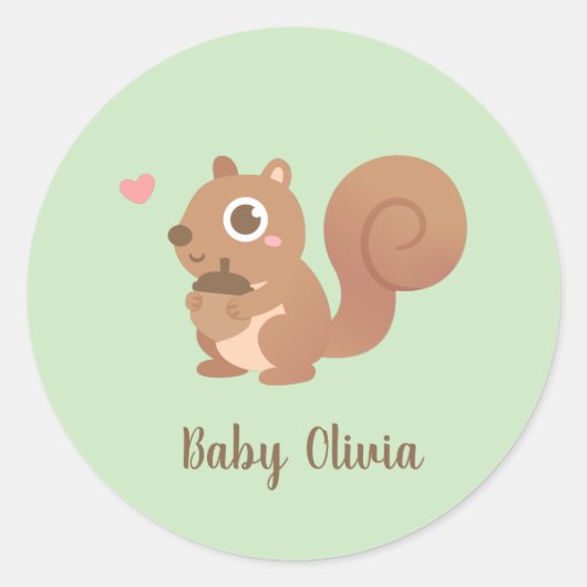 Schattig Eekhoorntje met Eikel Kindernaam Ronde Sticker (Voorkant)