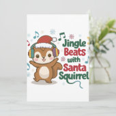 Schattig eekhoorntje met kerstmuts en koptelefoon  feestdagenkaart (Staand voorkant)