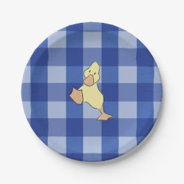 Schattig Eendje Blauw Gingham Baby Shower Papieren Bordje