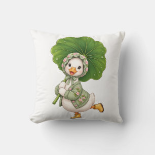 Schattig Eendje met Bladparaplu – Whimsical Lente Kussen