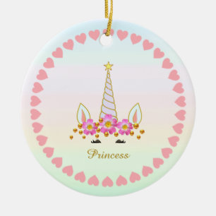 Schattig eenhoorn, bloemen, harten en gouden confe keramisch ornament