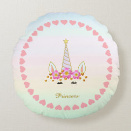 Schattig Eenhoorn, Harten, Bloemen & Gouden Confet Rond Kussen
