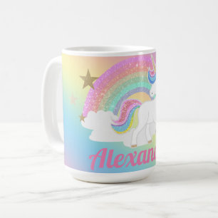 Schattig eenhoorn met glinsterende regenboog en aa koffiemok
