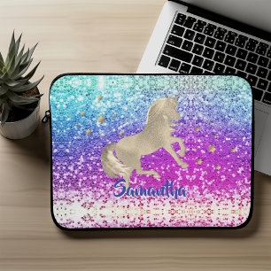 Schattig eenhoorn roze Glitter regenboog gouden mo Laptop Sleeve