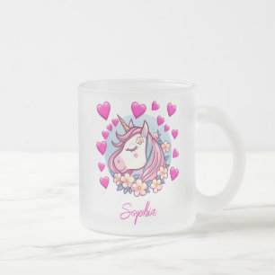 Schattig Eenhoorn, Roze Harten & Bloemen, Aangepas Matglas Koffiemok