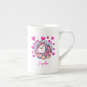 Schattig Eenhoorn, Roze Harten & Bloemen, Aangepas Porselein Kop