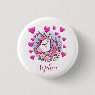 Schattig Eenhoorn, Roze Harten & Bloemen, Aangepas Ronde Button 3,2 Cm