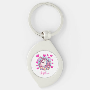 Schattig Eenhoorn, Roze Harten & Bloemen, Aangepas Sleutelhanger