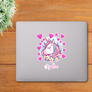 Schattig Eenhoorn, Roze Harten & Bloemen, Aangepas Sticker