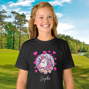 Schattig Eenhoorn, Roze Harten & Bloemen, Aangepas T-shirt
