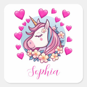Schattig Eenhoorn, Roze Harten & Bloemen, Aangepas Vierkante Sticker