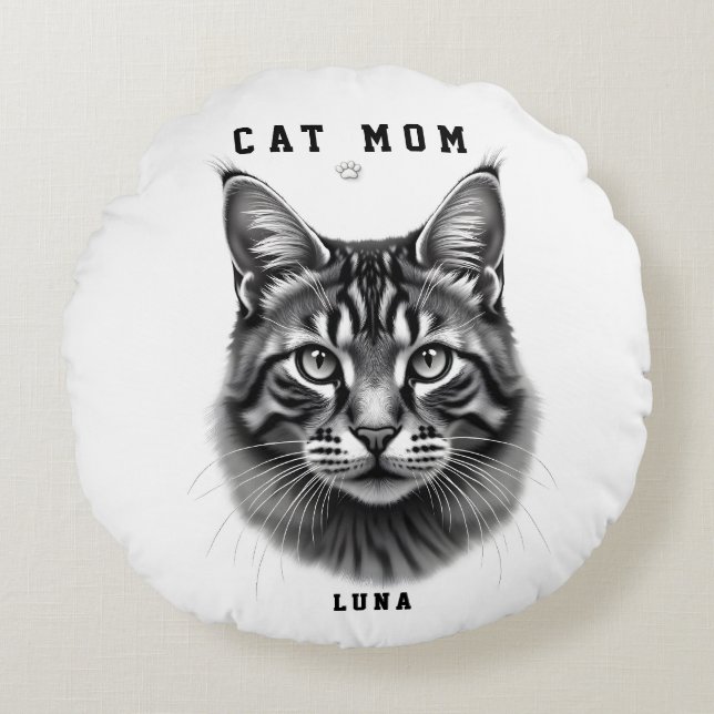 Schattig Eenvoudig Ontwerp Aangepaste Kattenmoeder Rond Kussen (Voorkant)