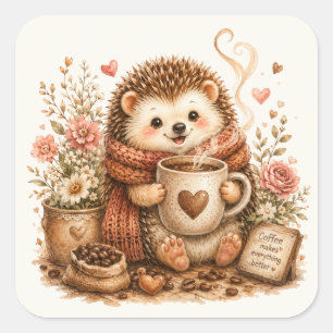 Schattig Egeltje Drinkt Koffie Gezellige Bos Vierkante Sticker